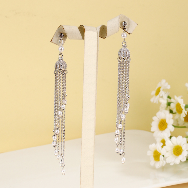 Long Tassel Pearl Crown Earrings Women's Accessories Multi-functional Copper Material Rose Gold Plated Minimalist