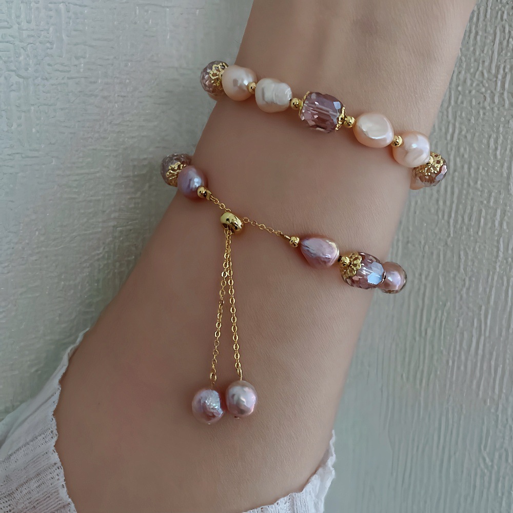 French Vintage Purple Quartz Pearl Bracelet Baroque Luxury Ins Niche Bracelet Best Friend Jewelry Pink And Purple Natural Pearl Accessories