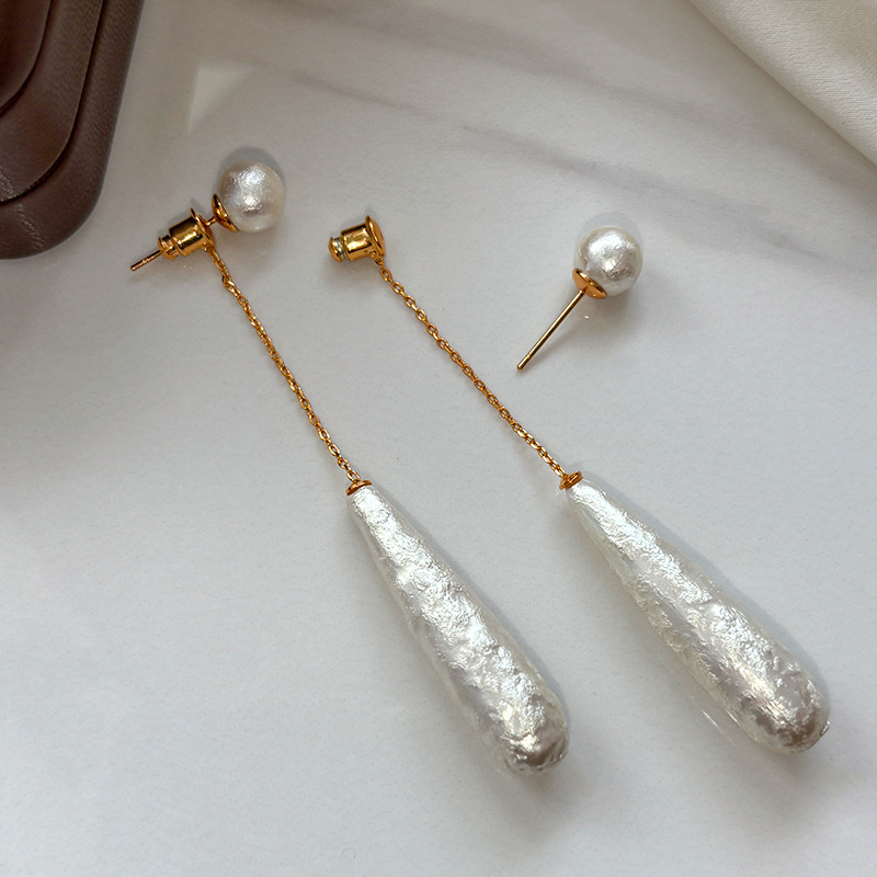 French Style Long Pearl Drop Earrings Pure Silver Cotton Waterdrop Design Unique Elegant Feminine Jewelry Accessories