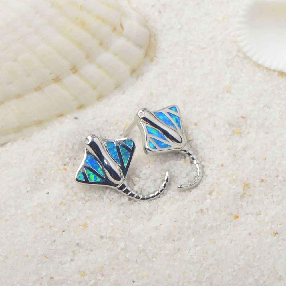 Adorable Blue Opal Bat Fish Earrings For Girls Bohemian Style Floral Print Copper Material Simple Design Jewelry Accessories