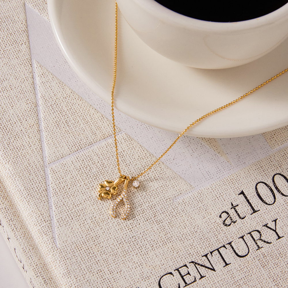 Women's Classic Style 18K Gold Stainless Steel + Zircon White Zircon Four-Leaf Clover + White Zircon Thanksgiving Lucky Wish Bone Y-shaped 3MM Round White Zircon Pendant Bead Chain Necklace 40+5
