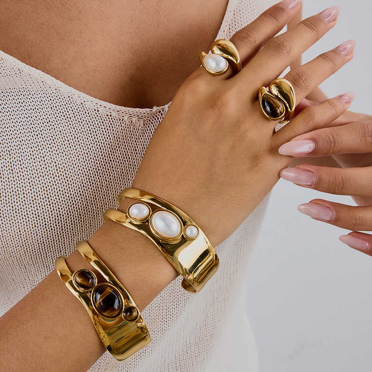 Natural Stone Hollow Titanium Steel Open Bracelet Women Non-Fading Jewelry Stainless Steel Ring Best-selling Accessories