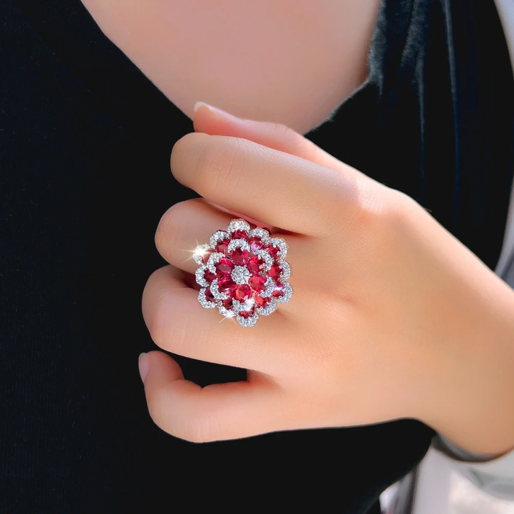 Water Plated White Gold Inlaid Red Zircon Multi-layer Open Ring Copper Material Rhodium Plated Flower (Jewelry) Waterproof Non-fading Wedding Hand Accessories