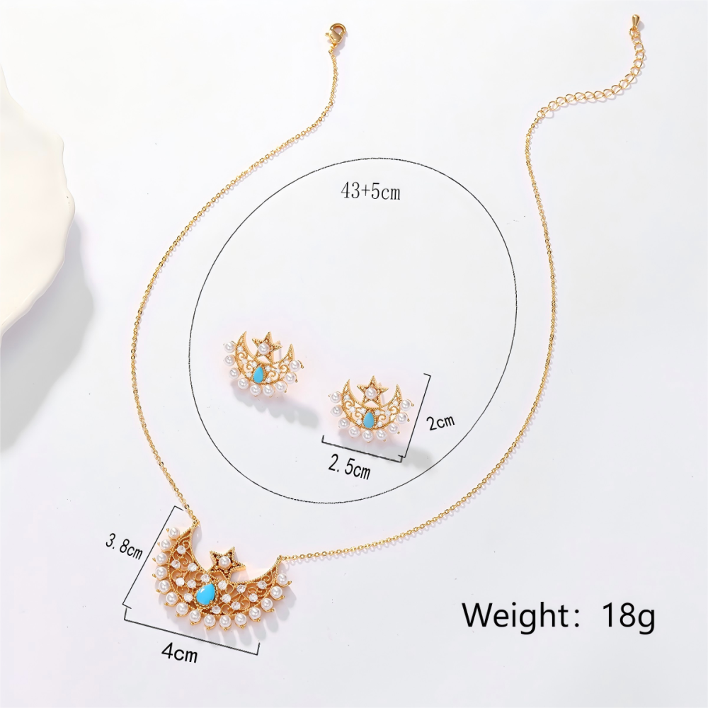 2-Piece Set Copper Inlaid Zirconia Plated Ramadan Middle Eastern Star Moon Hollow Pattern Ethnic Style Women's Earrings Pendant Suitable For Holiday Party Banquet Jewelry Accessories