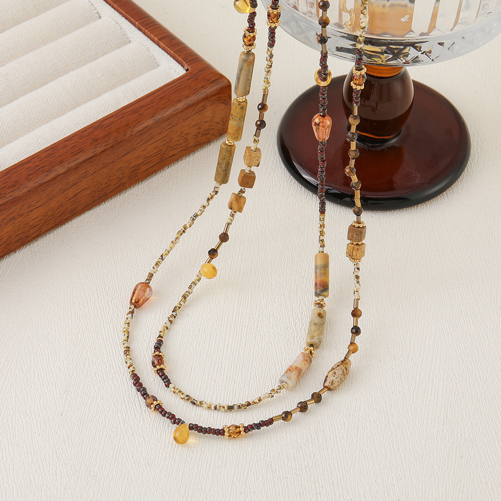Ins Style Natural Stone Beaded Necklace Non-fading Sweater Chain Women's Vintage Accessories Autumn Winter Tiger Eye Stone Jewelry
