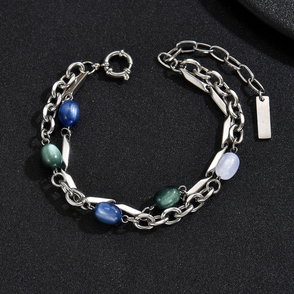 1 Piece 201 Stainless Steel Multicolor Stone Splicing Metal Chain Unisex Couple Bracelet Suitable For Couples, Best Friends, Parties, Gatherings, Vacations Jewelry Accessories