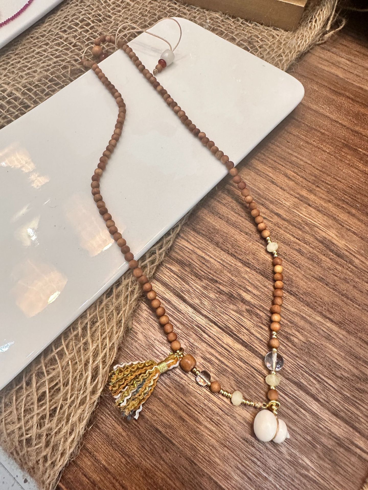 New Chinese Style Long Necklace With White Crystal Camel Bone Ivory Gourd Sandalwood Accessories Drawstring Design For Cheongsam