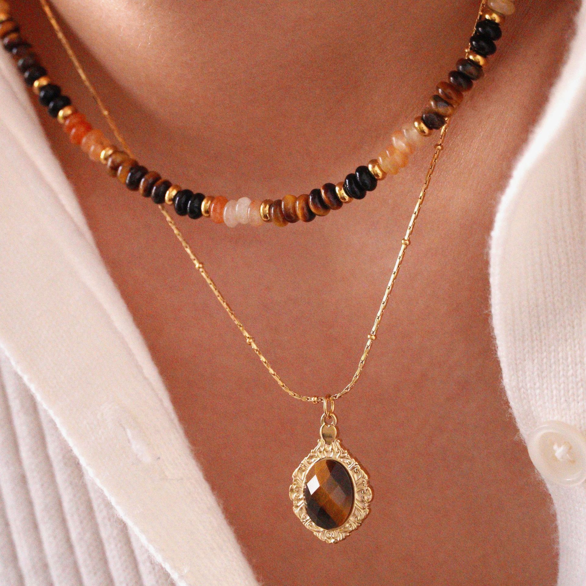 Simple Style Classic Style Round Natural Stone Titanium Steel Necklace In Bulk