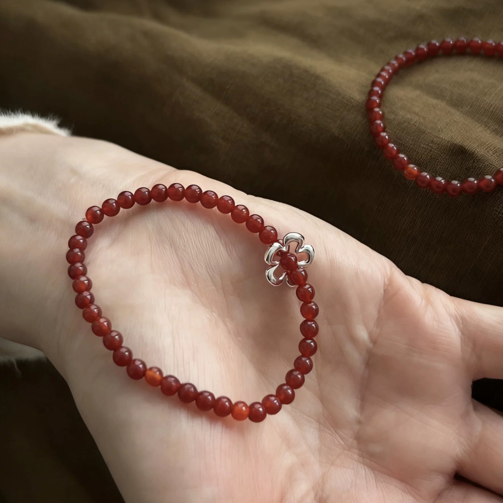 925 Sterling Silver Silver Handmade Red Agate Flower Bracelet Bohemian Elastic Cord New Year Natural Accessories