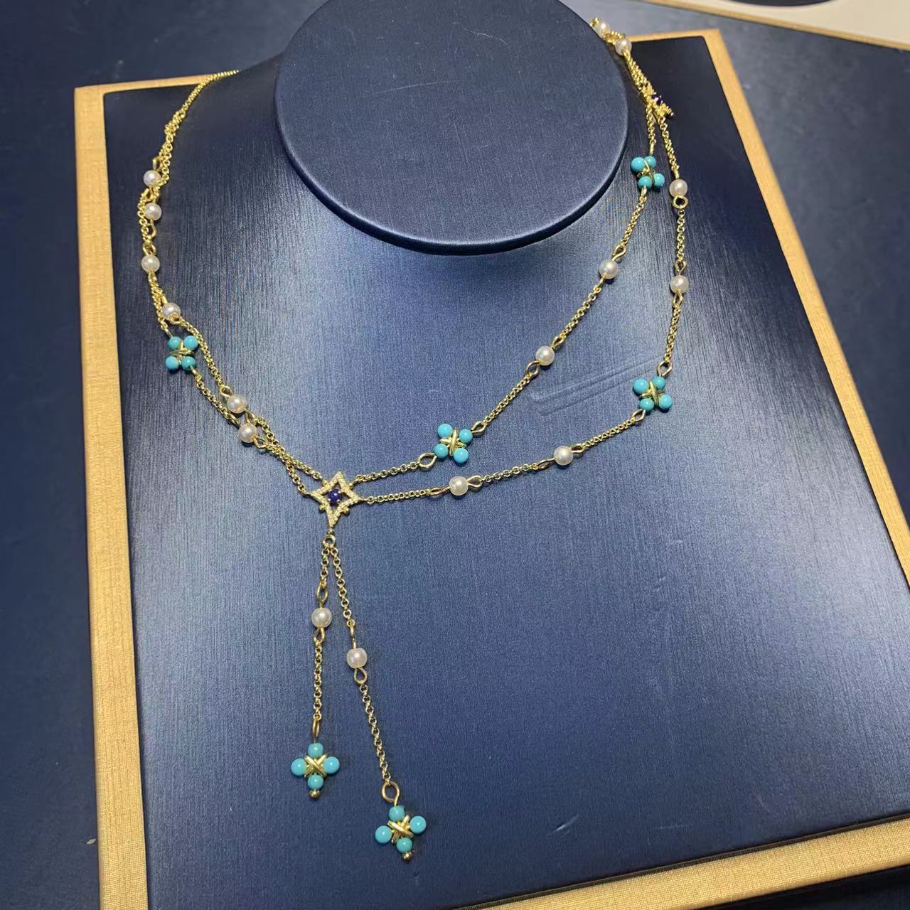 Elegant Green Turquoise Pearl Necklace For Women With Four Leaf Clover Tassel Clavicle Chain Simple Geometric Design Jewelry