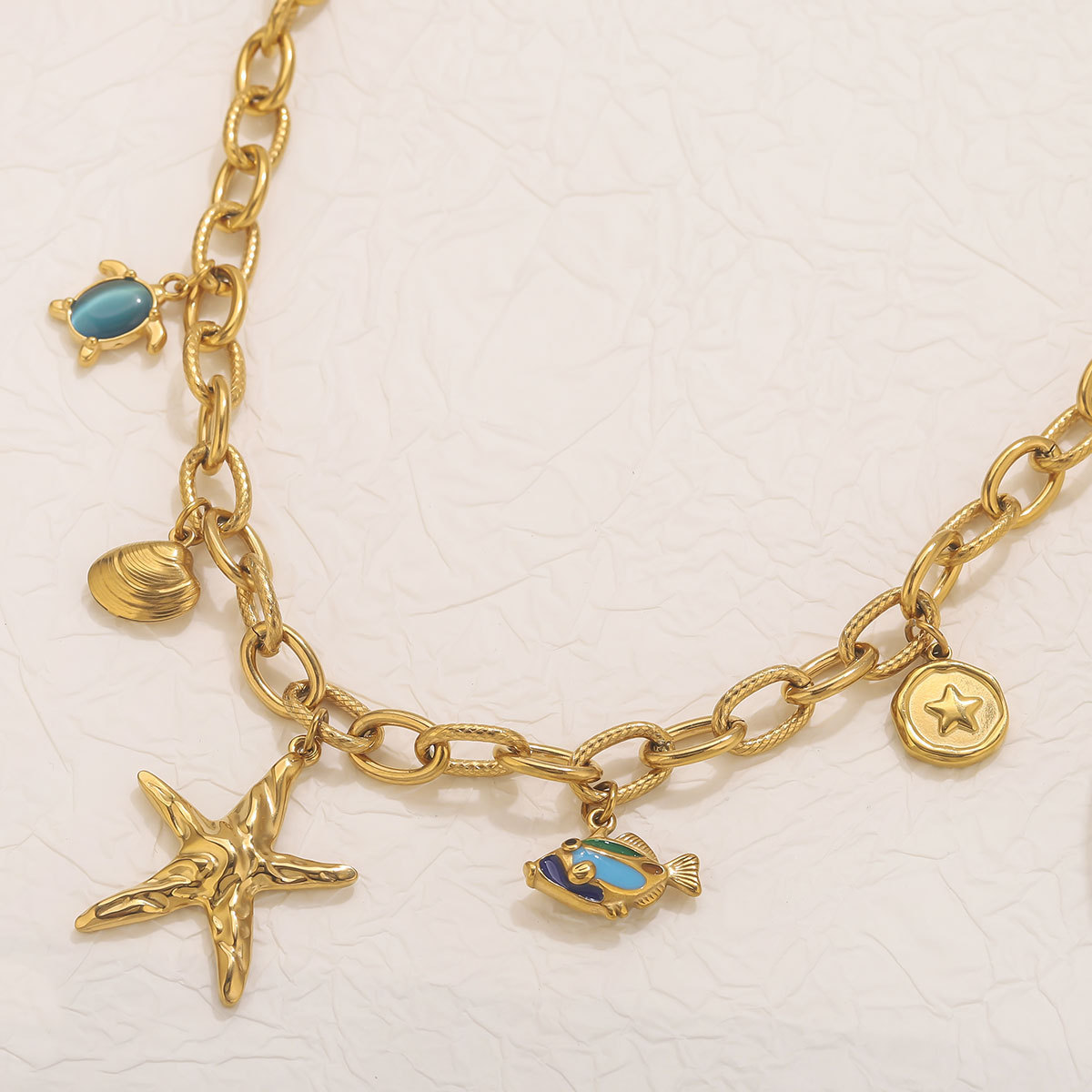 Ocean Wind Starfish Turtle Stainless Steel Necklace Golden Chain Multi-Pendant Design Fashion Necklace Ornament