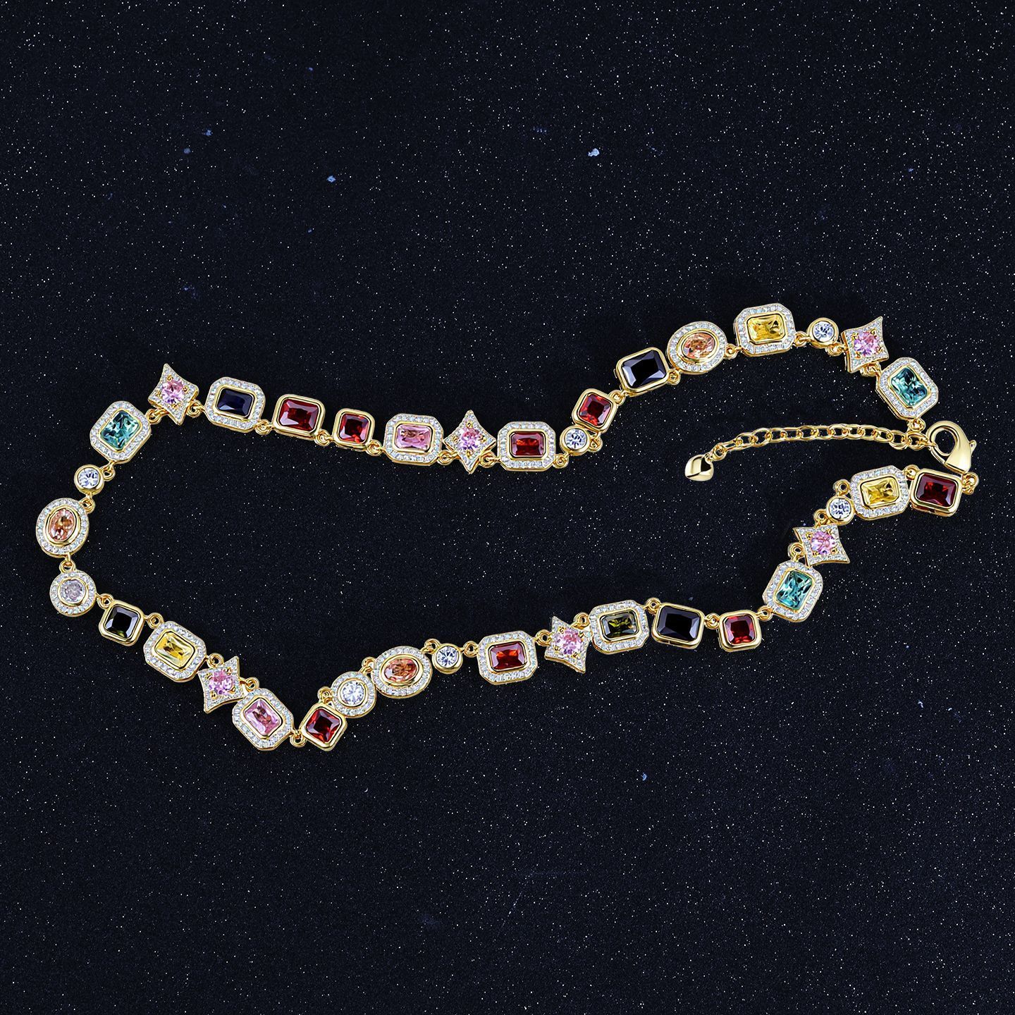 Colorful Gemstone Geometric Adjustable Women's Luxury Necklace Jewelry Hip Hop Dopamine Fashion Ins Diamond Embedded Light
