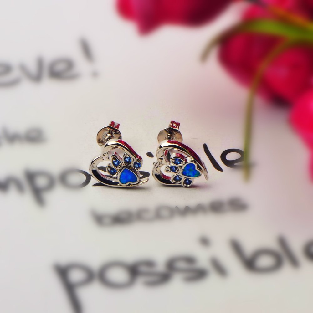 Adorable Girl's Dog Paw Opal Earrings Bohemian Floral Print Simple Style Copper Jewelry Accessories Ear Rings