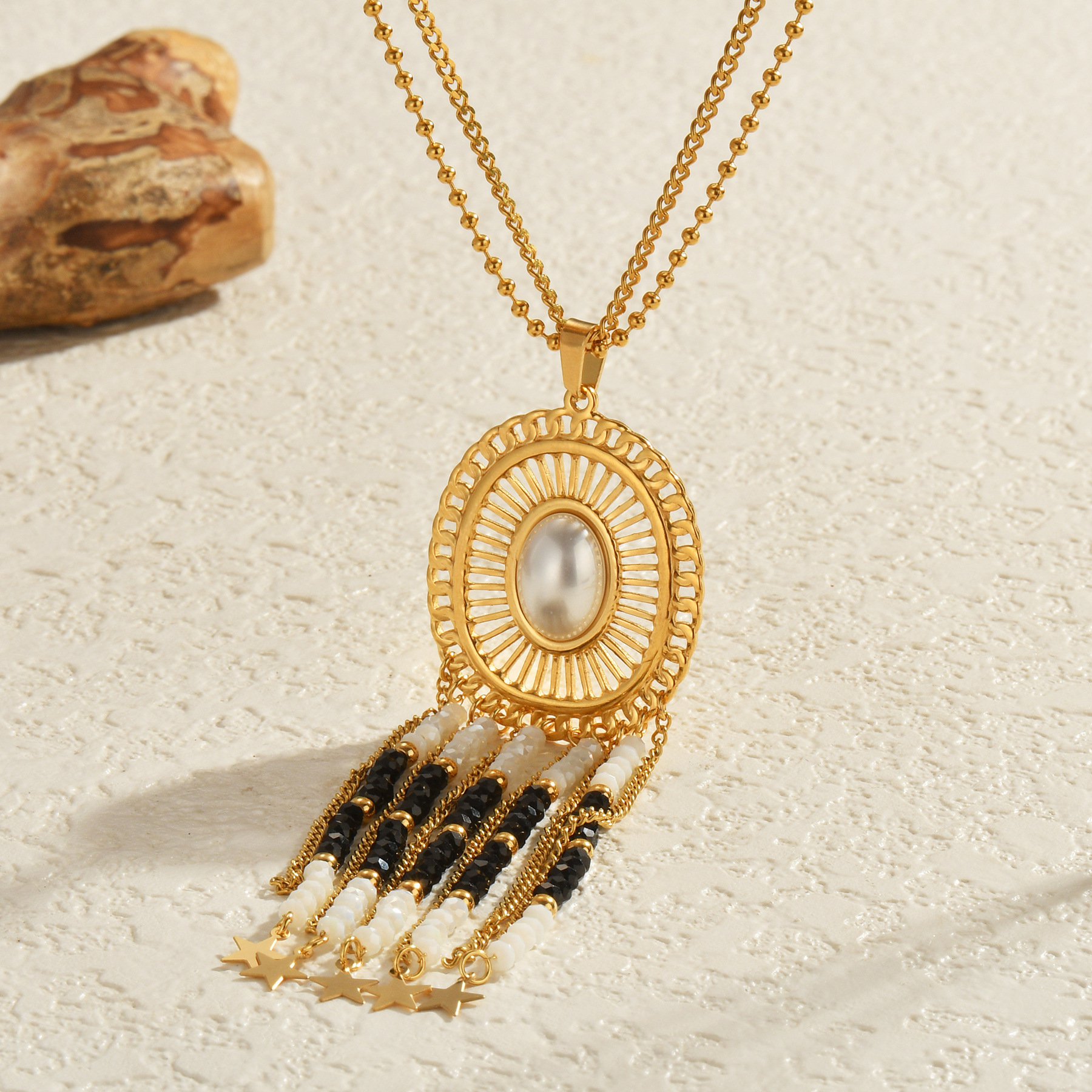 Bohemian Stainless Steel 18K Gold Plated Tassel Sweater Chain Necklace Trendy Women's Geometric Jewelry Accessories