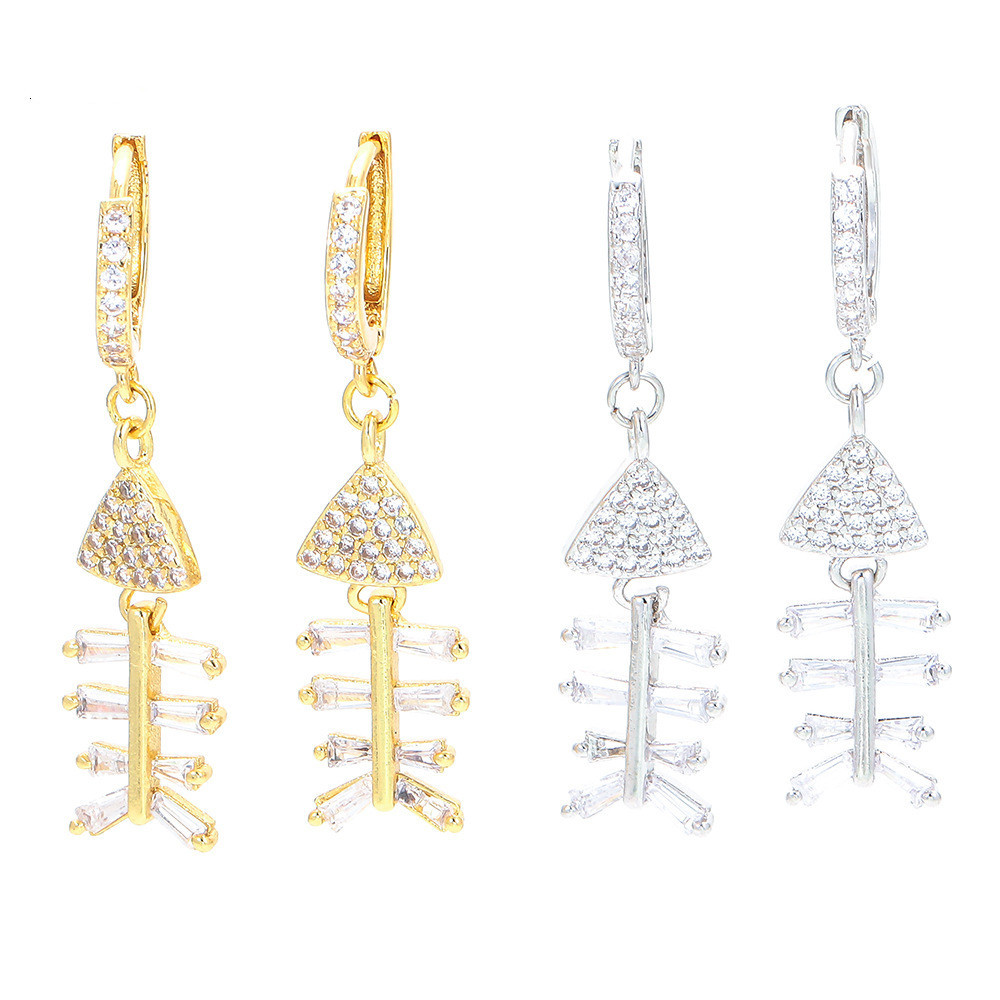 Korean Micro Inlaid Zircon Skull Fish Earrings