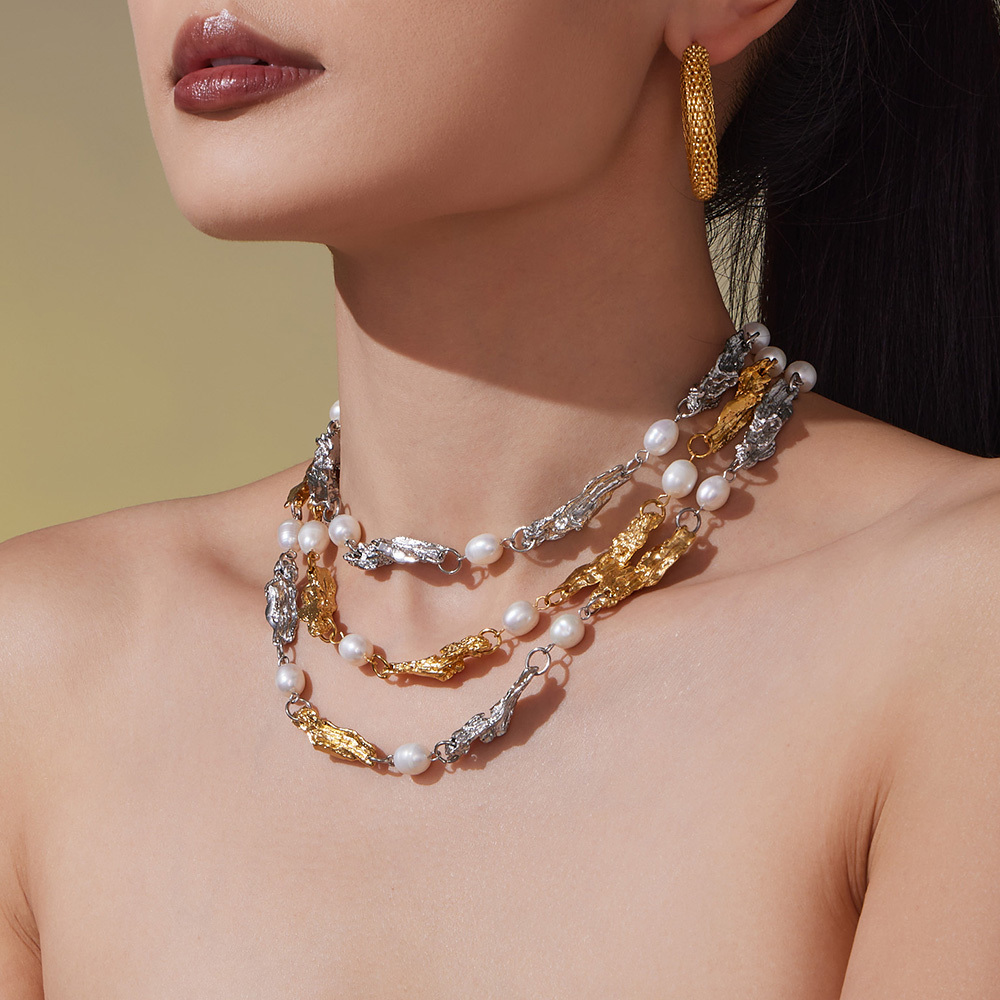 Freshwater Pearl Irregular Heavy Craft Accessories Bracelet Necklace Stainless Steel 18k Gold Plated  Style Exaggerated Jewelry