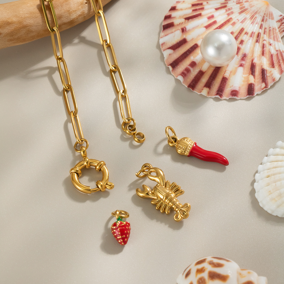 Vacation Beach Style Strawberry Pepper Lobster Bracelet DIY Jewelry Accessories Non-Fading Golden Polished Electroplated Stainless Steel