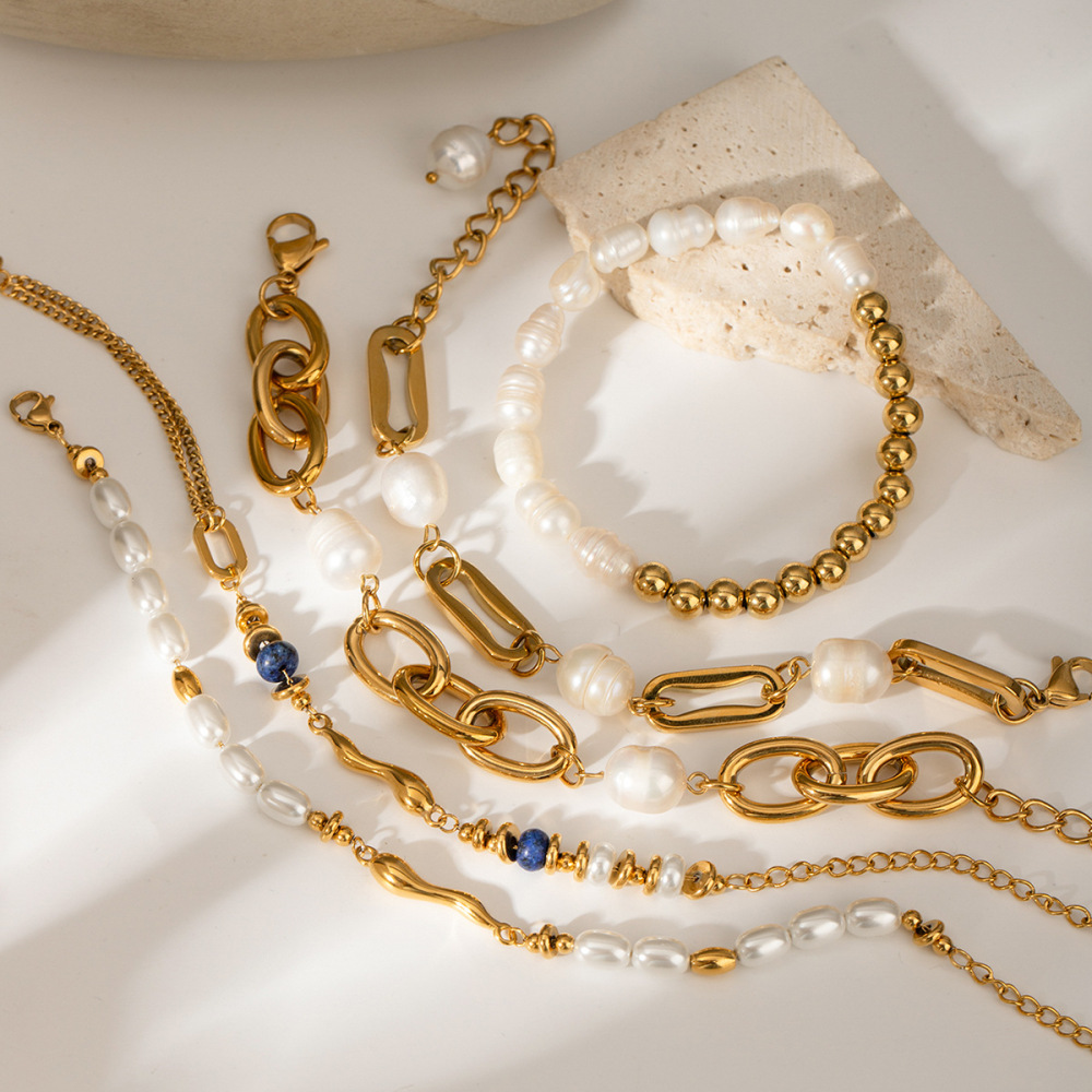 Electroplated (Including Color Retention Layer) Gold-Plated Geometric Pattern 304 Stainless Steel Pearl Bracelet Non-Fading European And American Style High-End Sensual Ins Style Jewelry Accessories