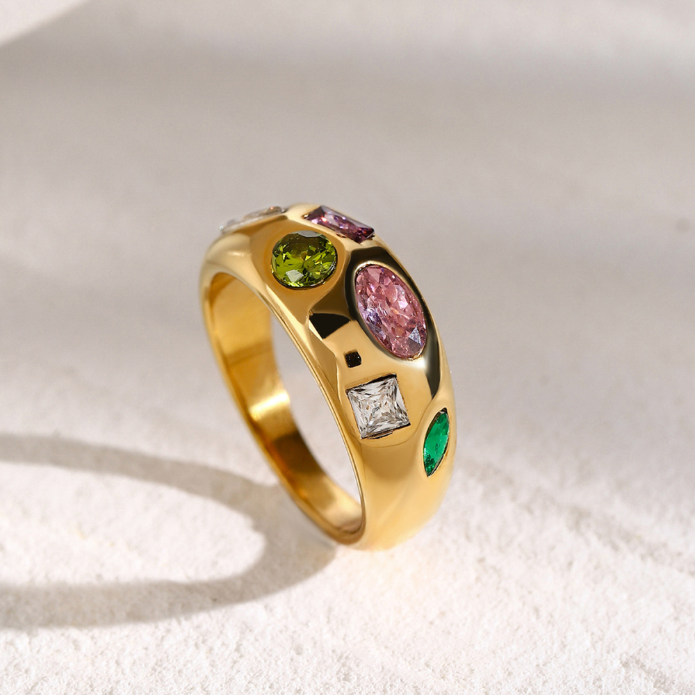 Real Gold Plated 304 Stainless Steel PVD Coated Zircon Color Block Waterproof Non Tarnish Plating Inlay Simple Style Classic Style Rings For Women's