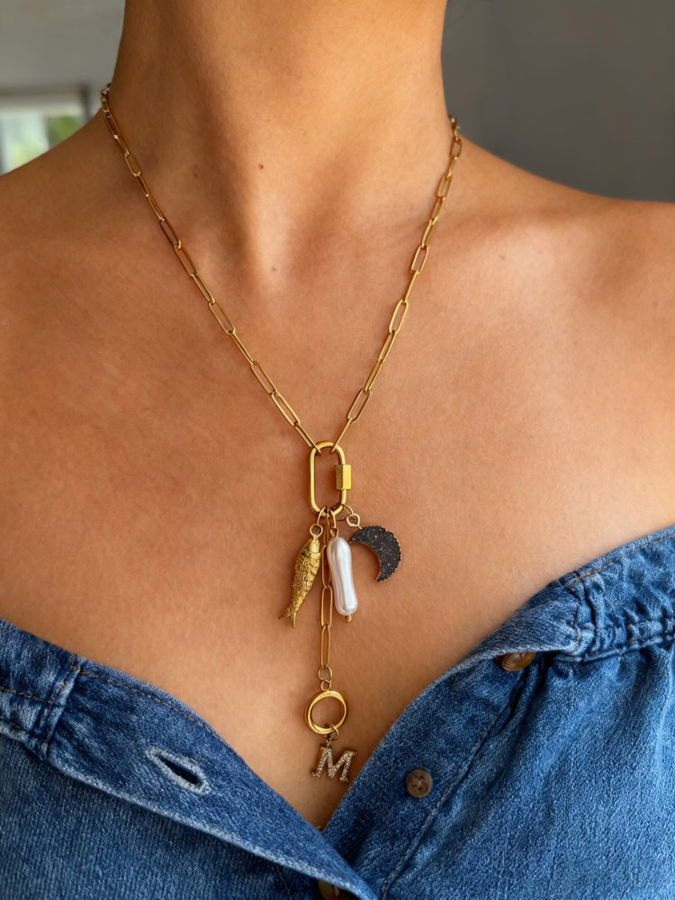 Women's 26 Letters 18K Gold Plated 304 Stainless Steel Vacuum Electroplated Waterproof Non-Fading Pearl Moon Fish Tassel Hypoallergenic Y-Chain Collarbone Chain Paperclip Chain Accessories Simple Style