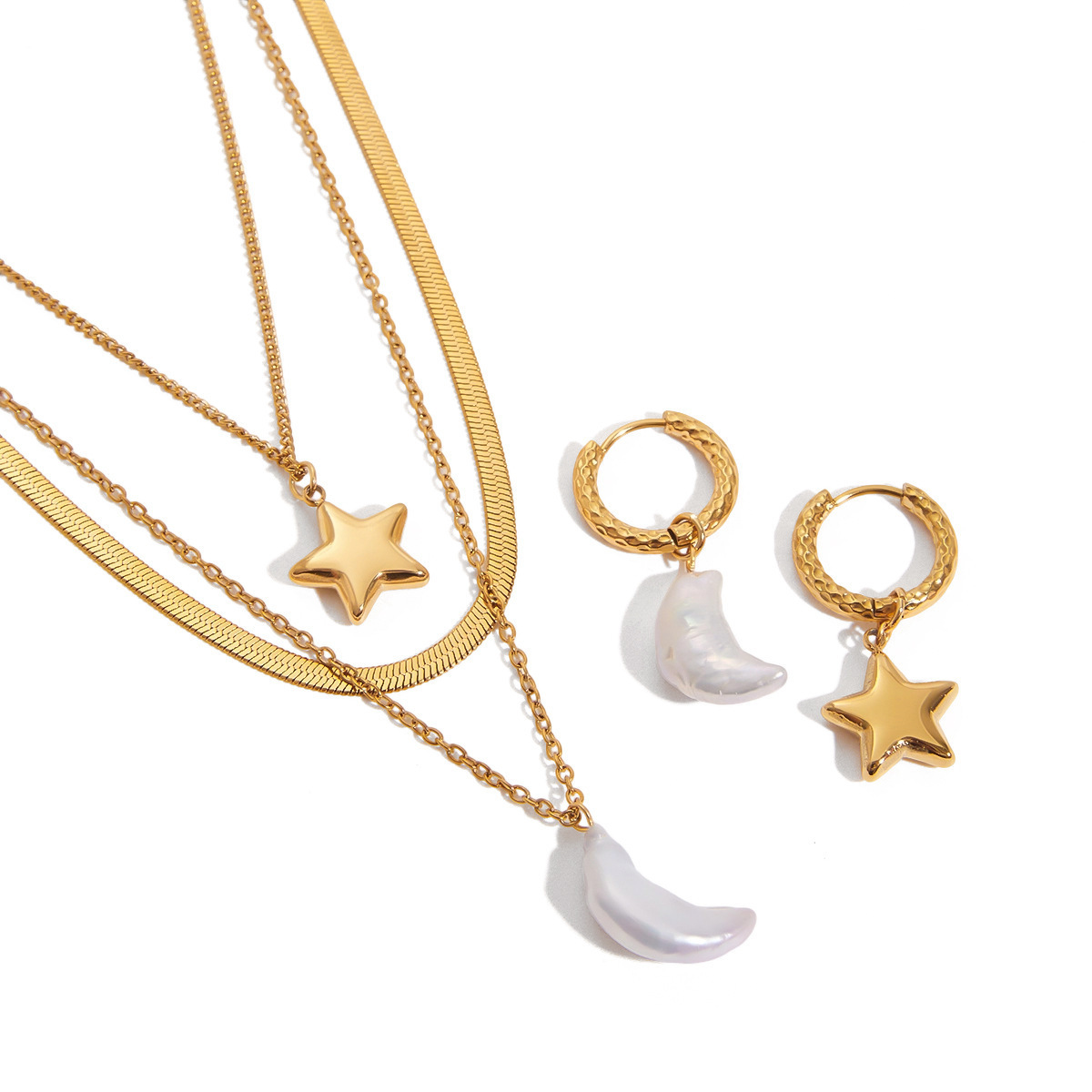 Minimalist Double Layer Star And Moon Necklace For Women Simple Cool Accessories Zinc Alloy Acrylic Pendant