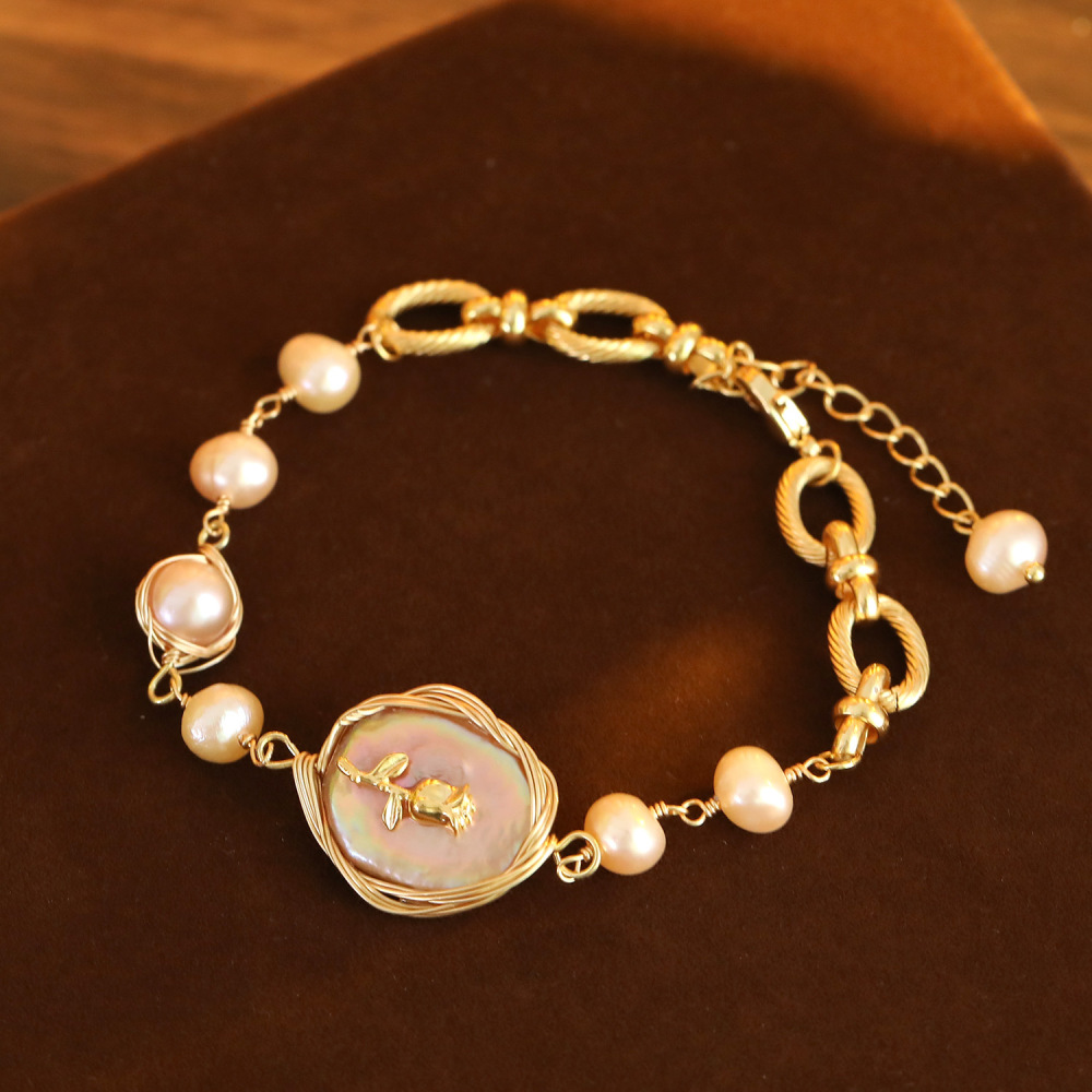 Natural Freshwater Pearl Bracelet For Women Irregular Baroque Design Luxury Vintage Rose Flower Jewelry Accessories