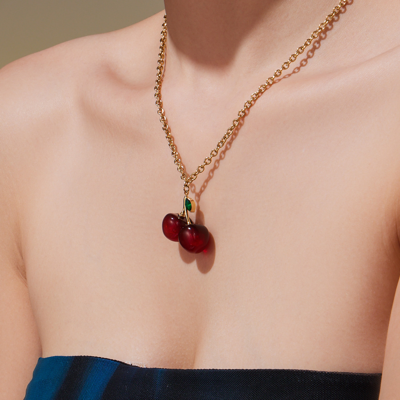 Stainless Steel Resin Cherry Pendant Necklace Earrings 18K Gold Plated European And American Fashion Versatile Fruit Jewelry Set
