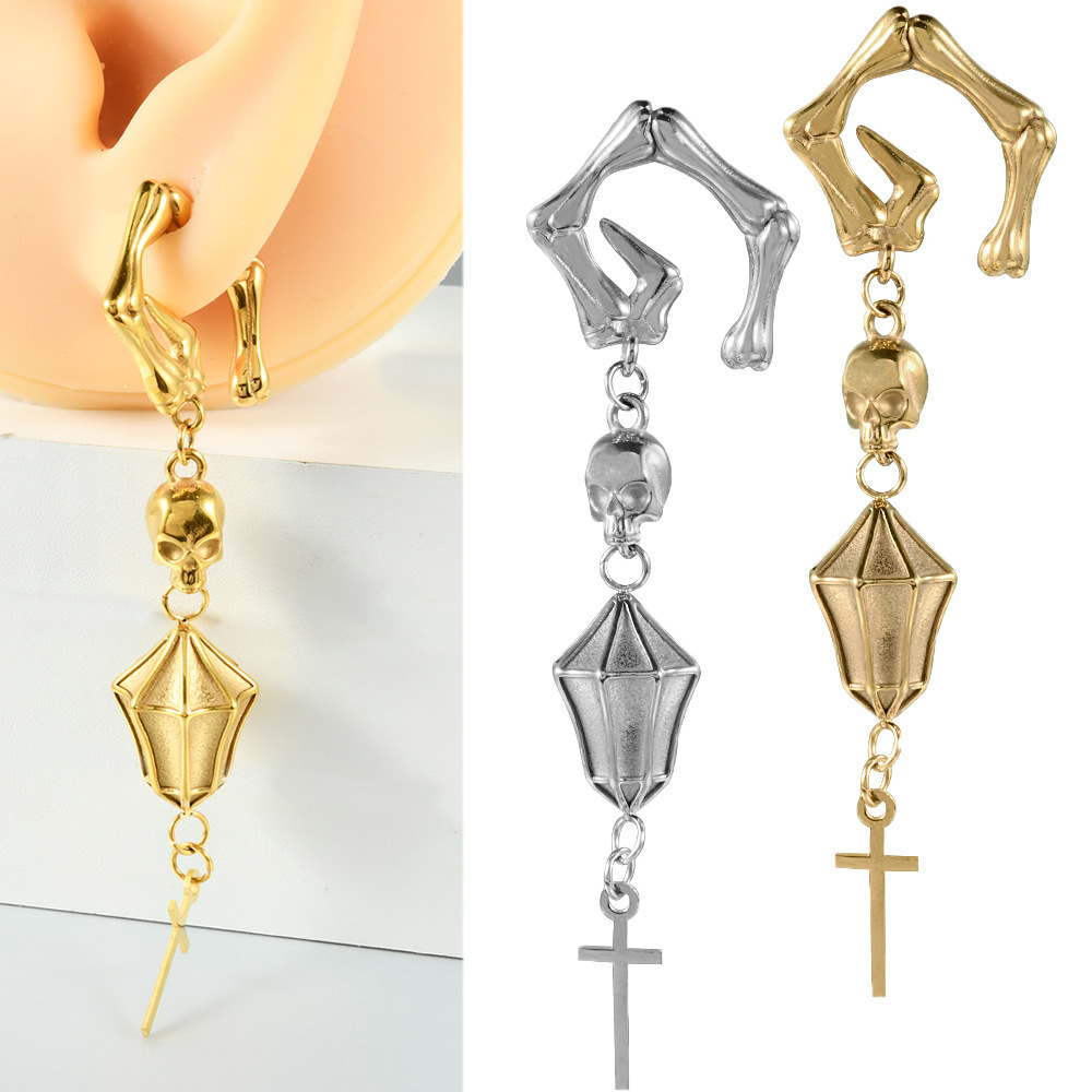 Golden Skull Pendant Stud Earrings Punk Style Pierced Cross Ear Jewelry Personalized Copper Earring Accessories
