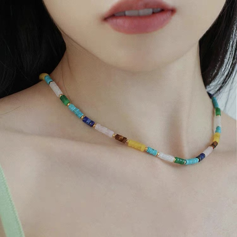 Colorful Candy Beads Necklace New Summer Fashion Natural Stone Lockbone Chain Geometric Pattern Jewelry Accessories For Women