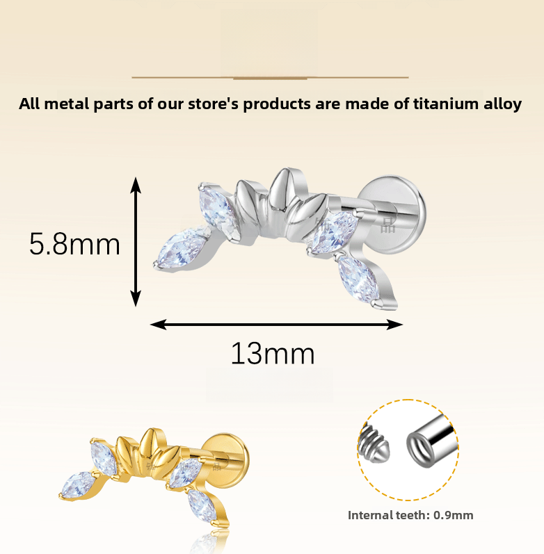 136 Titanium Alloy Leaf Design Multi-Diamond Earrings Body Piercing Lip Stud Women's Jewelry Simple Geometric Pattern