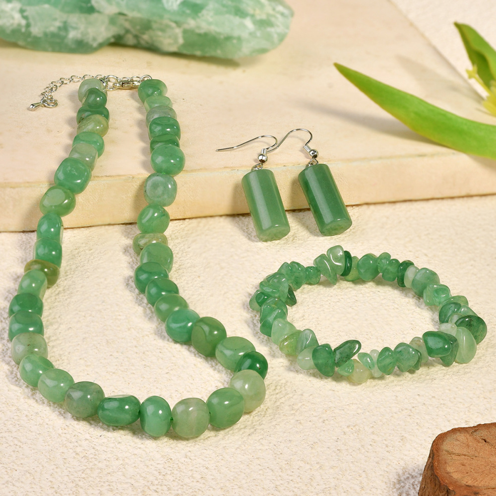 Chinese Style Natural Stone Crystal Beaded Necklace Women's Jewelry Set Green Dongling Earrings Bracelet Geometric Pattern Fashion Accessories