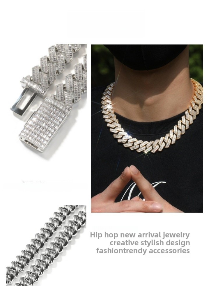 Men's Hip-Hop Necklace Double Row Zircon Fashion Domineering Flip Clasp Luxury Trendy Brand Geometric Pattern Color-Block Alloy Jewelry