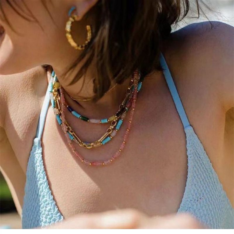 Colorful Candy Beads Necklace New Summer Fashion Natural Stone Lockbone Chain Geometric Pattern Jewelry Accessories For Women