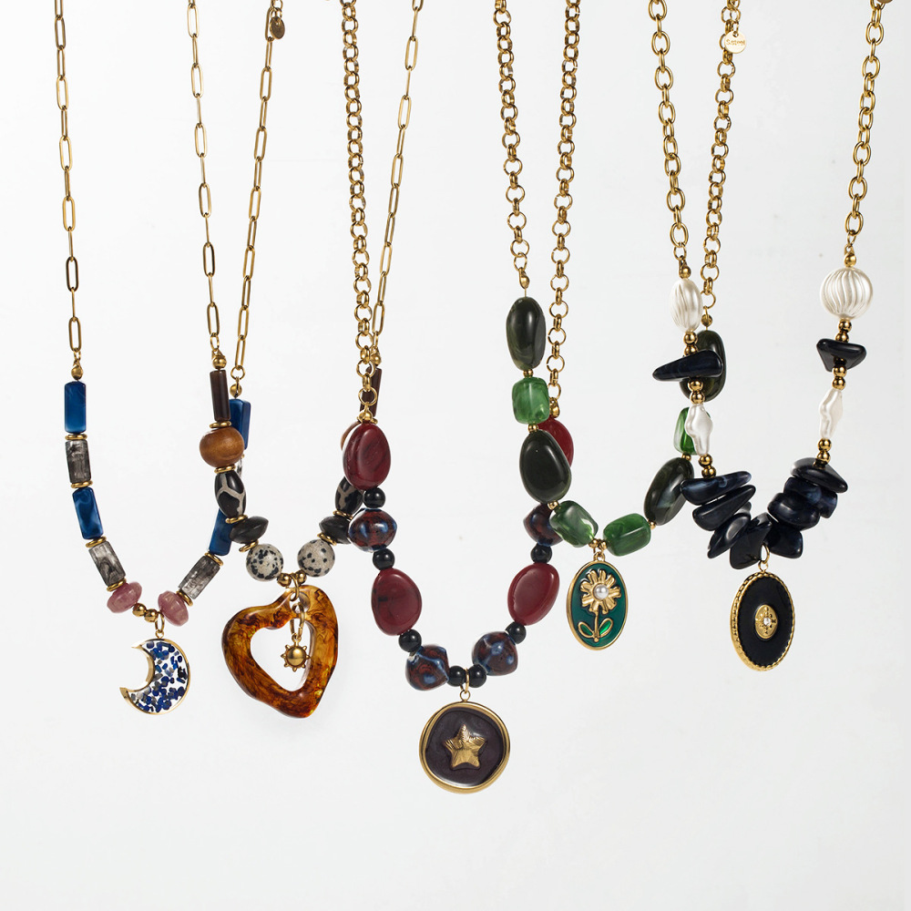 Colorful Resin Pendant Necklace Stainless Steel Chain Layered Women's Jewelry Accessories