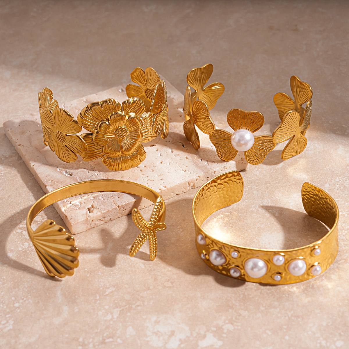 304 Stainless Steel Pearl Shell Starfish Open Ring Bracelet Beach Vacation Style Handmade Jewelry Accessories Flower Jewelry Set
