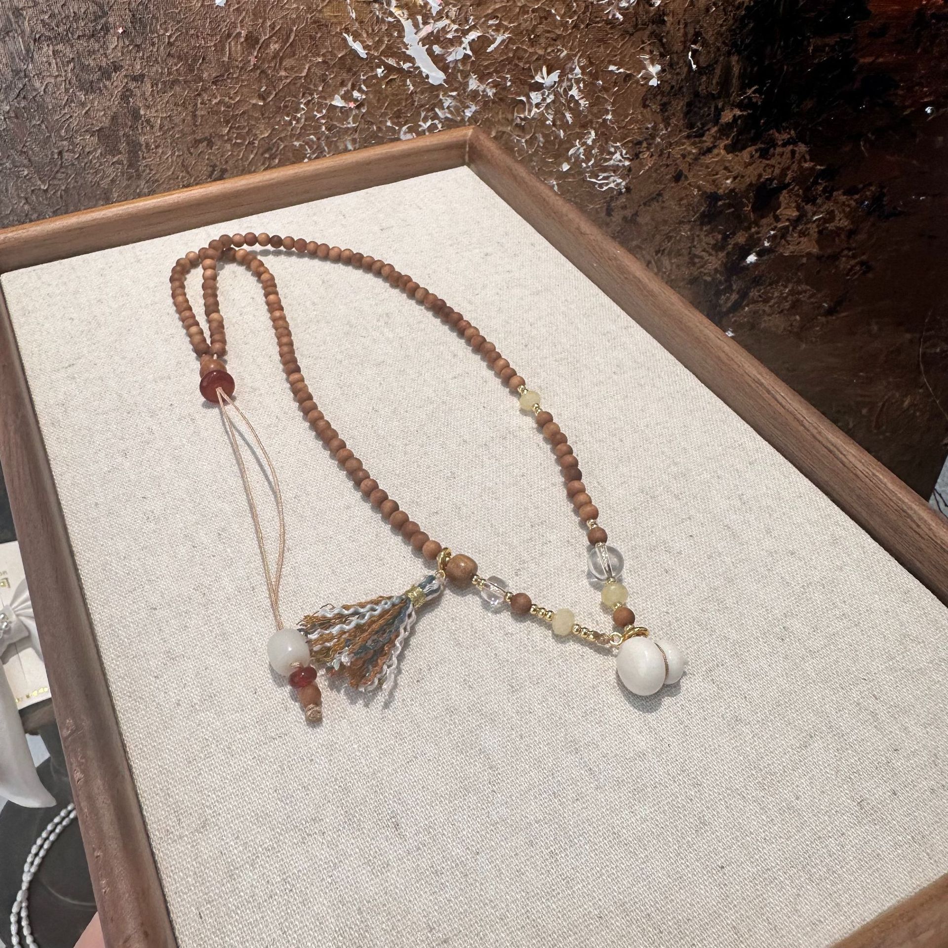 New Chinese Style Long Necklace With White Crystal Camel Bone Ivory Gourd Sandalwood Accessories Drawstring Design For Cheongsam