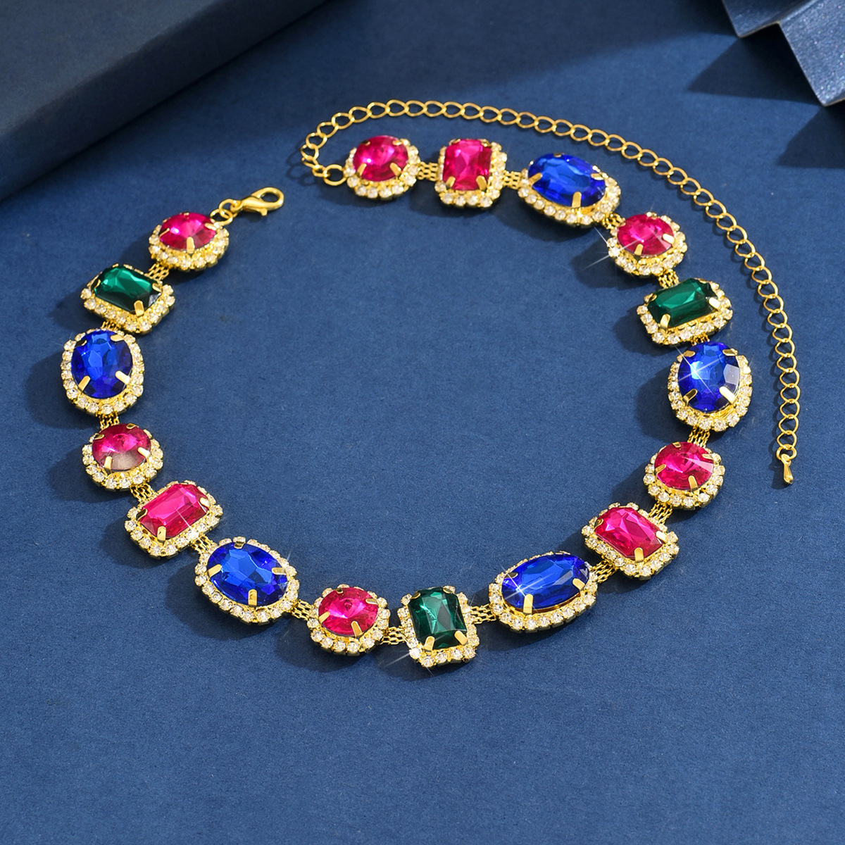 Exaggerated  Luxury Full Drill Geometric Oval Colorful Crystal Necklace And Earring Set Fashionable Collar Chain