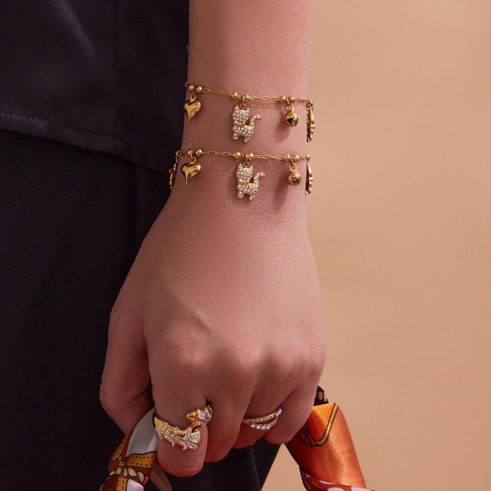 Stainless Steel Cat Zircon Necklace Bracelet DIY Multi Pendant Heart Bell Luxury Versatile Jewelry Accessories Elegant Romantic