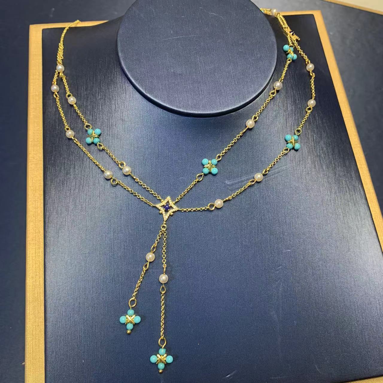 Elegant Green Turquoise Pearl Necklace For Women With Four Leaf Clover Tassel Clavicle Chain Simple Geometric Design Jewelry