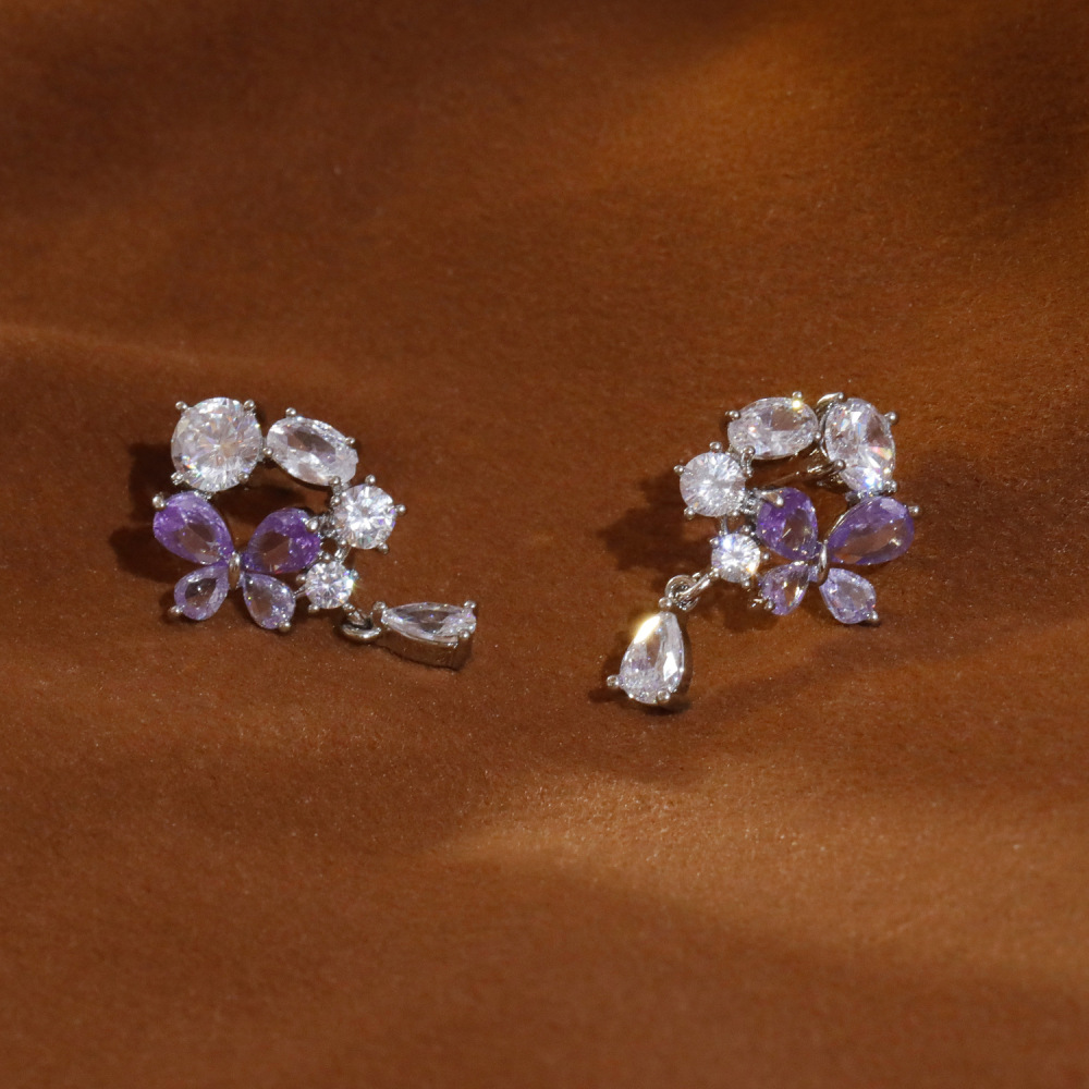French Romantic Purple Flower Women's Earrings Ultra Sparkling Luxury Zircon Studs Versatile Fashion Jewelry Accessories