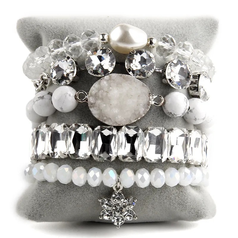 Bohemian Style Elastic Natural Semi-Precious Stone Turquoise Glass Stackable Bracelet Women's Fashion Jewelry Accessories