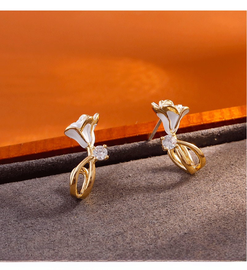 Elegant White Rose French Style Earrings Unique Design Sensation Small Audience Trendy Flower Craft With Zirconia Women's Jewelry