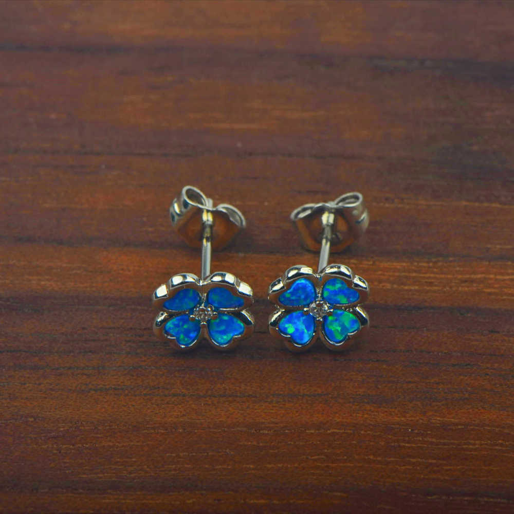Blue Australian Opal Four Leaf Clover Flower Earrings Bohemian Style Simple Design For Women Copper Material Jewelry Accessories
