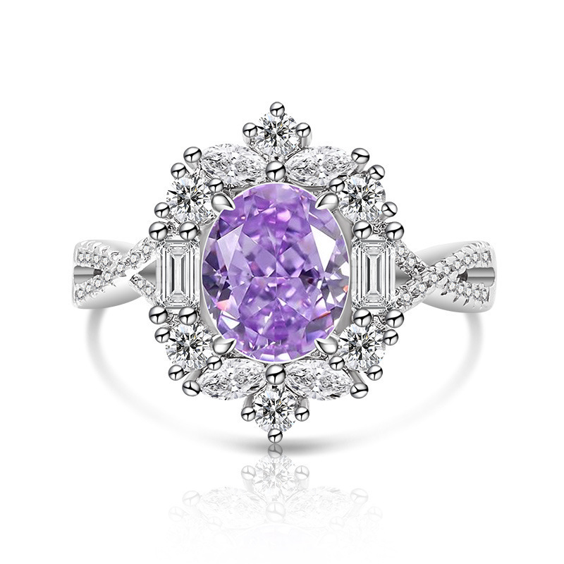 Luxurious High Carbon Diamond 7x9 Pigeon Egg Ice Flower Cut Plated Platinum Ring Fashion Geometric Pattern Live Direct Sale