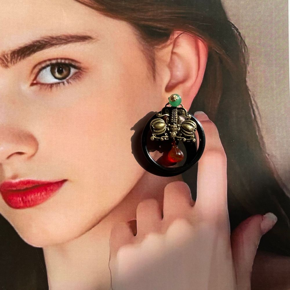 Vintage Chinese Style No-Drill Natural Stone Clip-On Earrings For Women Geometric Pattern Copper Jewelry Fashion Accessories