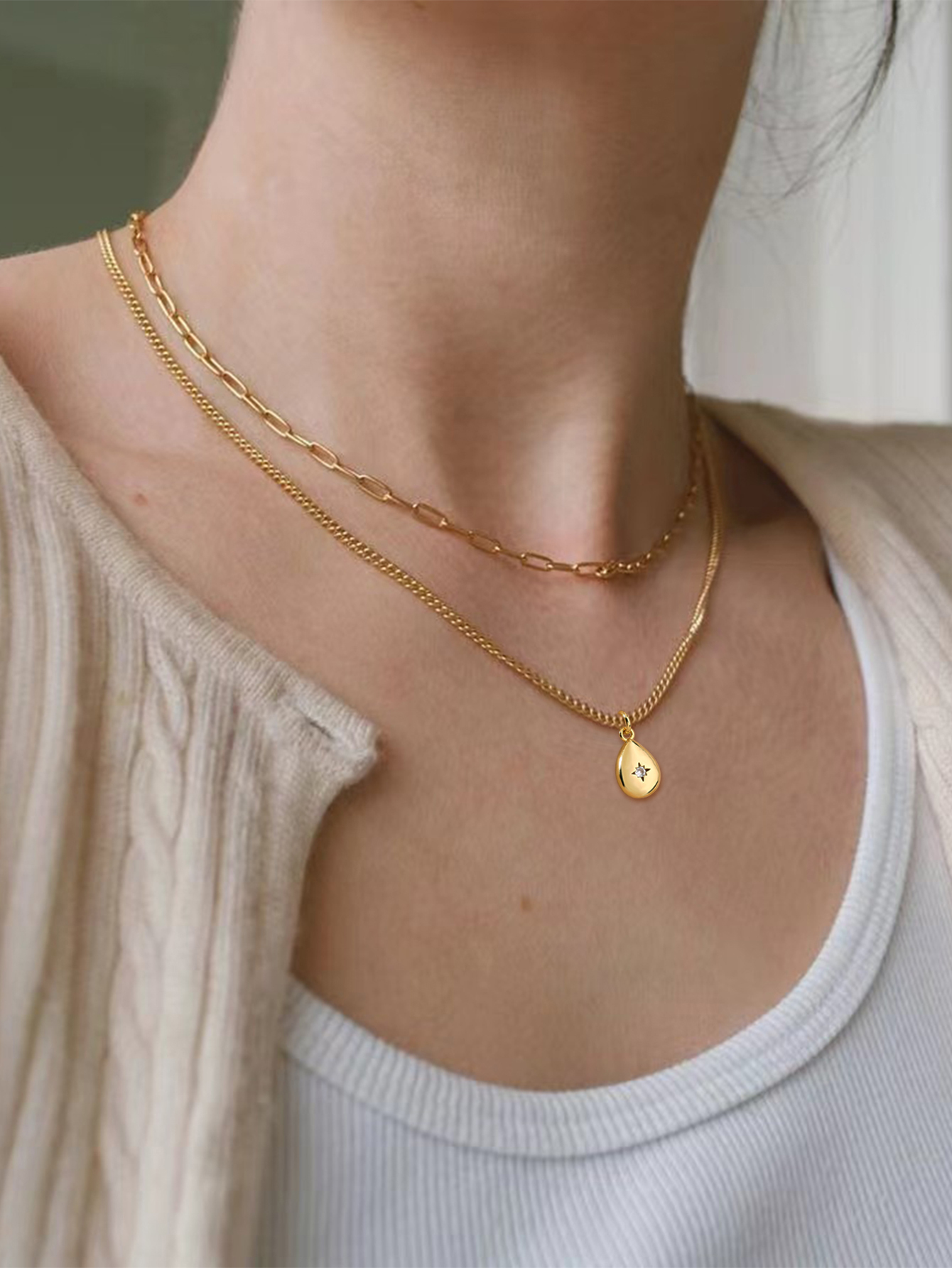 Fashion Layered Accessories: 18K Gold Plated Copper Heart-Shaped Hollow Pendant Necklace And Checkered Paperclip Set, Shiny Cubic Zirconia, Essential For Women
