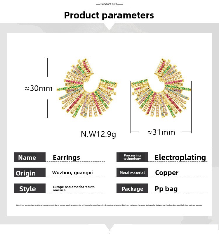 Exaggerated Geometric Mixed Color Zircon Inlaid Gold Plated Earrings Fashionable Personality U-Shaped Jewelry Accessories