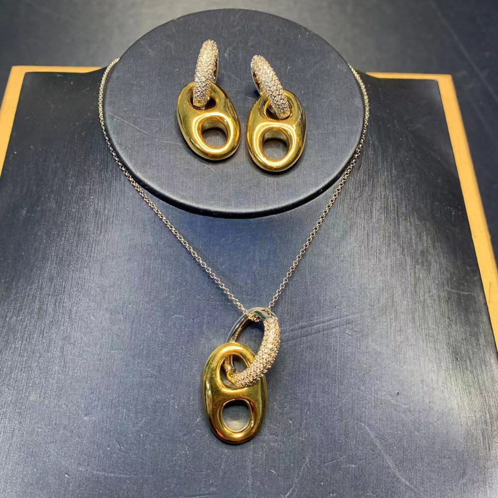 Gold Plated Pig Nose Earrings Women's Set Exaggerated Ear Jewelry Oval Necklace Delicate Clavicle Chain Simple Style Accessories