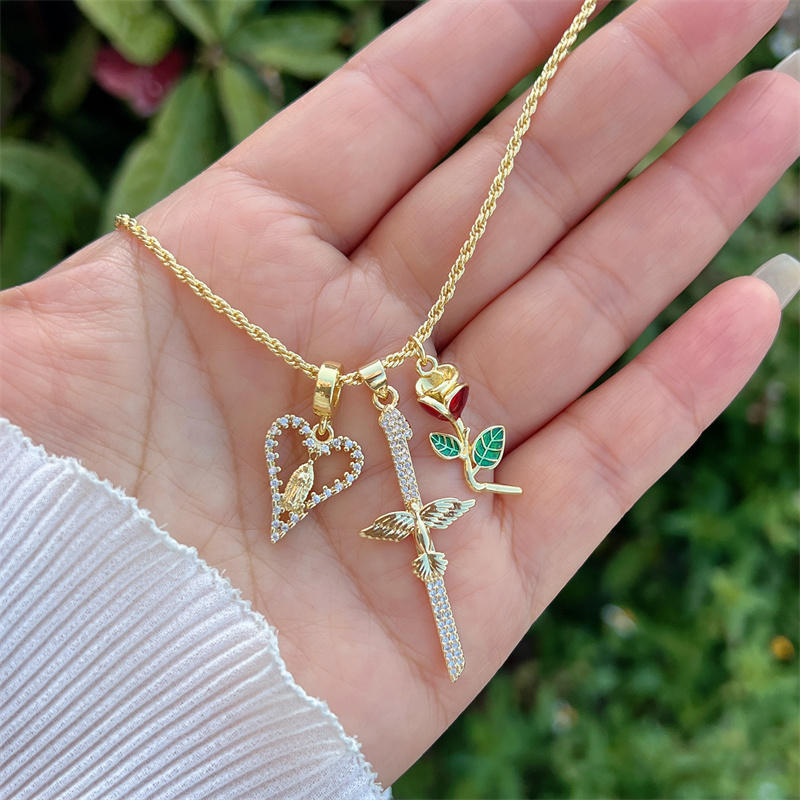 Wholesale Jewelry Retro Classic Style Cross Heart Shape Rose Copper Zircon 18K Gold Plated Multi Charms Necklace Twisted Rope Chain