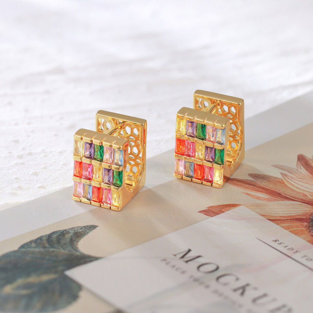 Elegant Geometric Pattern Zircon Earrings Colorful Square Heavy Work Gold Plated Luxury Women's Fashion Jewelry Accessories